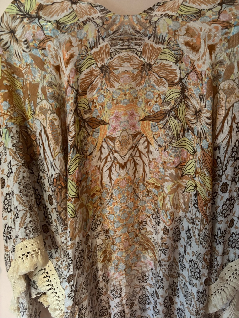 Women's Floral with Crochet Fringe and Angel Sleeves Duster Kimono Coverup OS - Picture 9 of 9